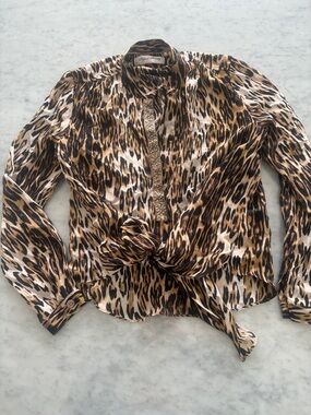 Fifteen Twenty Leopard Print Tie-Front Blouse - Brown, Black, Cream
